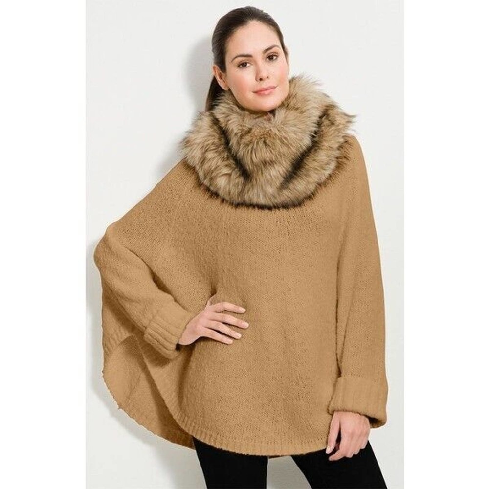 Michael Kors Pancho Sweater Fur Collar L XL Camel Tan Brown Removable Cozy